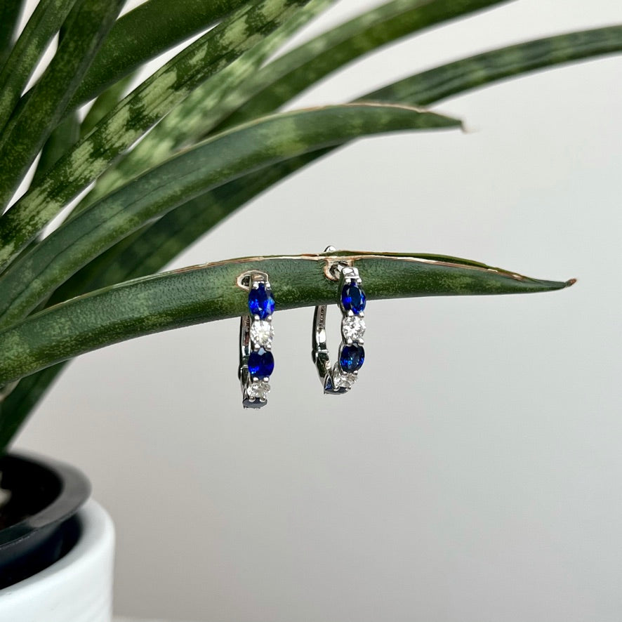 18K White Gold Sapphire and Diamond Hoop Earrings