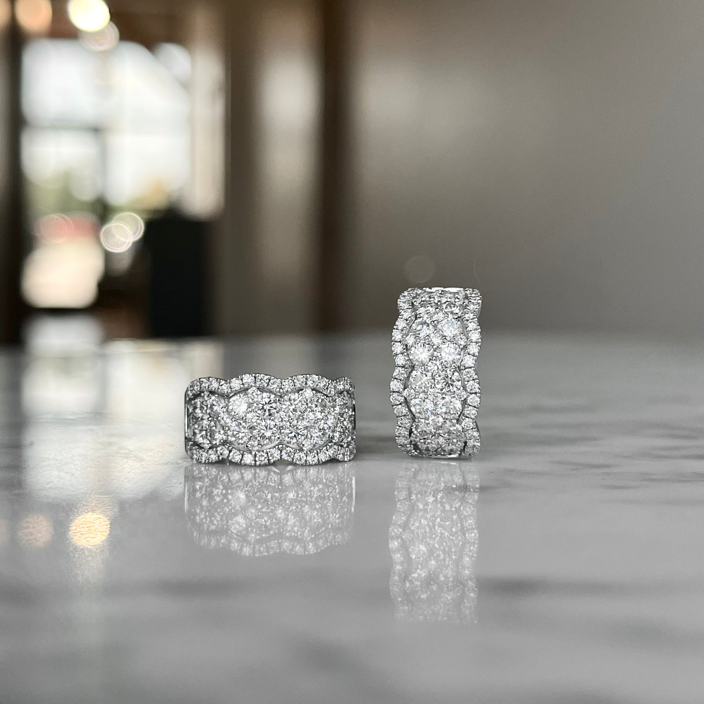 18K White Gold Scalloped Pavé Diamond Hoop Earrings