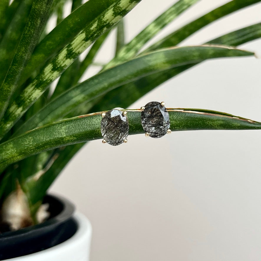 14K Yellow Gold Rutilated Quartz Stud Diamond Earrings