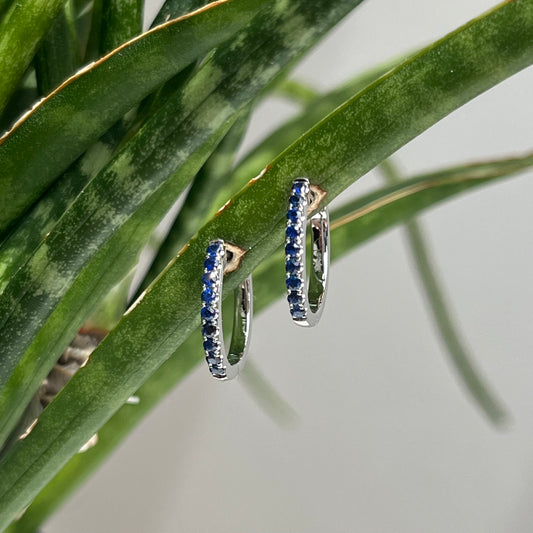 14K White Gold Sapphire "Huggie" Hoop Earrings