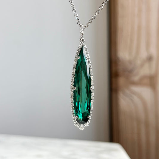 14K White Gold Teal Tourmaline and Diamond Halo Necklace 8.82CTW