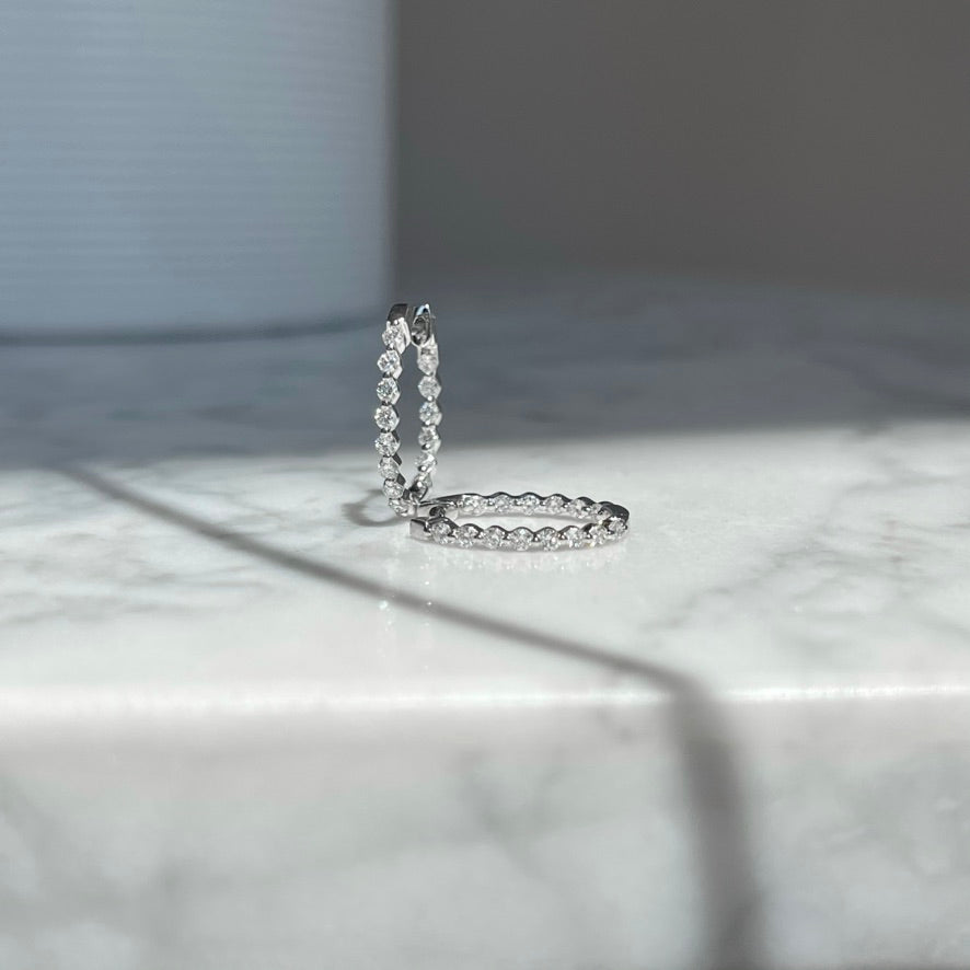 18K White Single Prong Straight Diamond Hoop Earrings