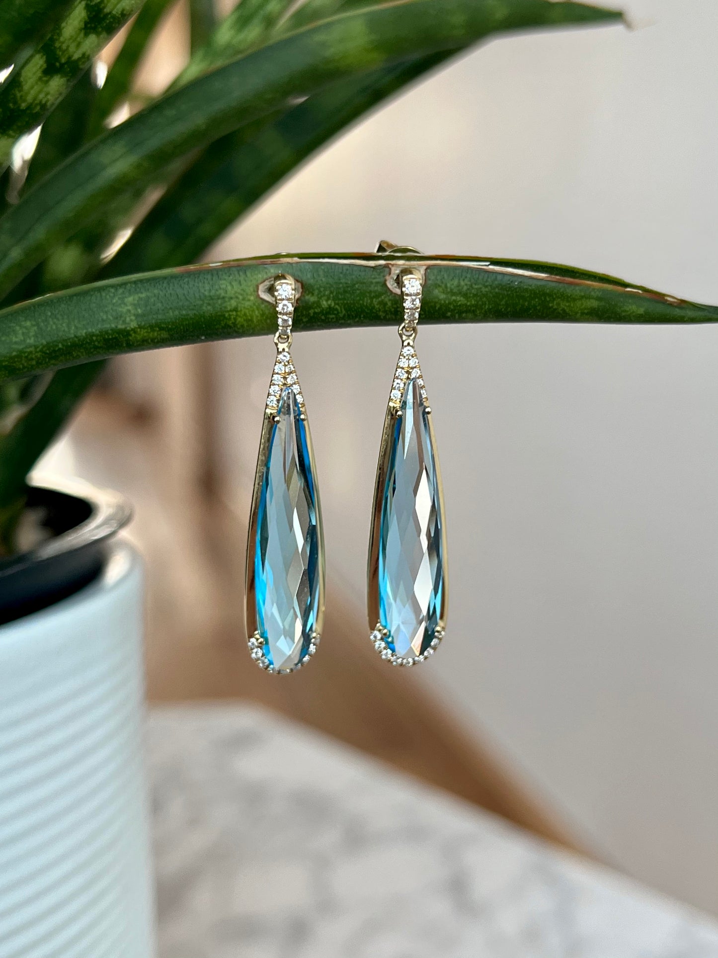 14K Yellow Gold Blue Topaz and Diamond Earrings