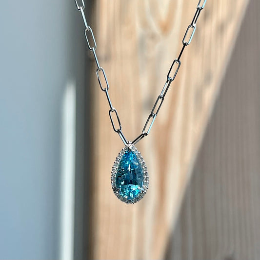 14K White Gold Aquamarine and Diamond Halo Necklace
