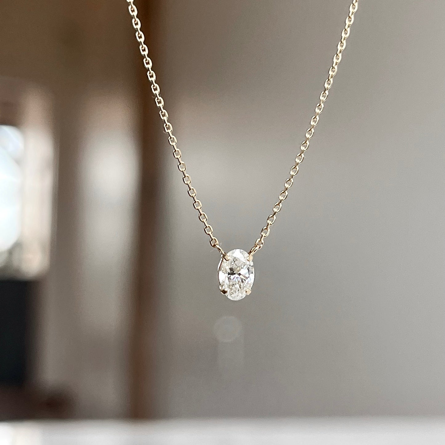 18K Yellow Gold 4-Prong Oval Diamond Solitaire Necklace 31/100CT