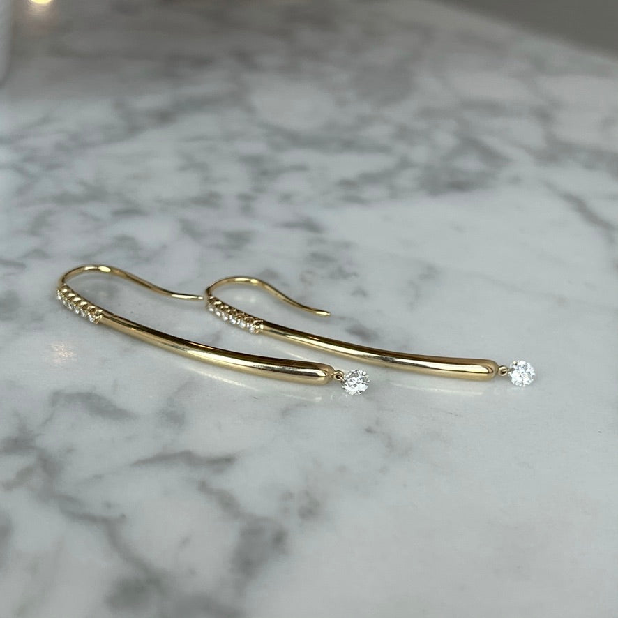 14K Gold Floating Diamond Modern Bar Drop Style Earring 37/100CTW