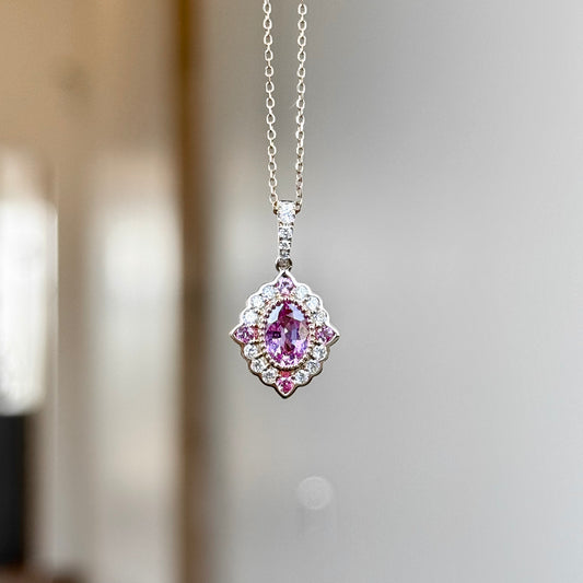 14K Rose Gold Pink Sapphire and Diamond Halo Necklace