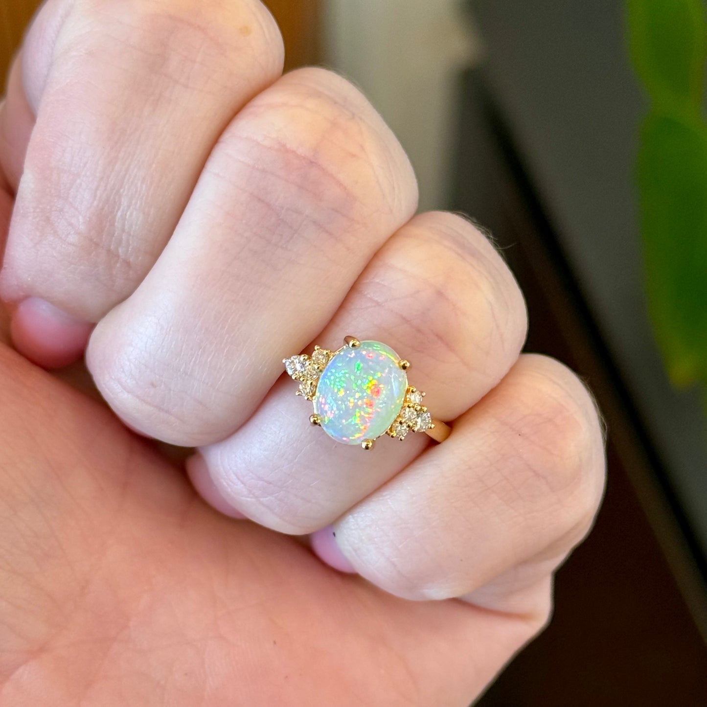 14K Yellow Gold Opal and Diamond Ring