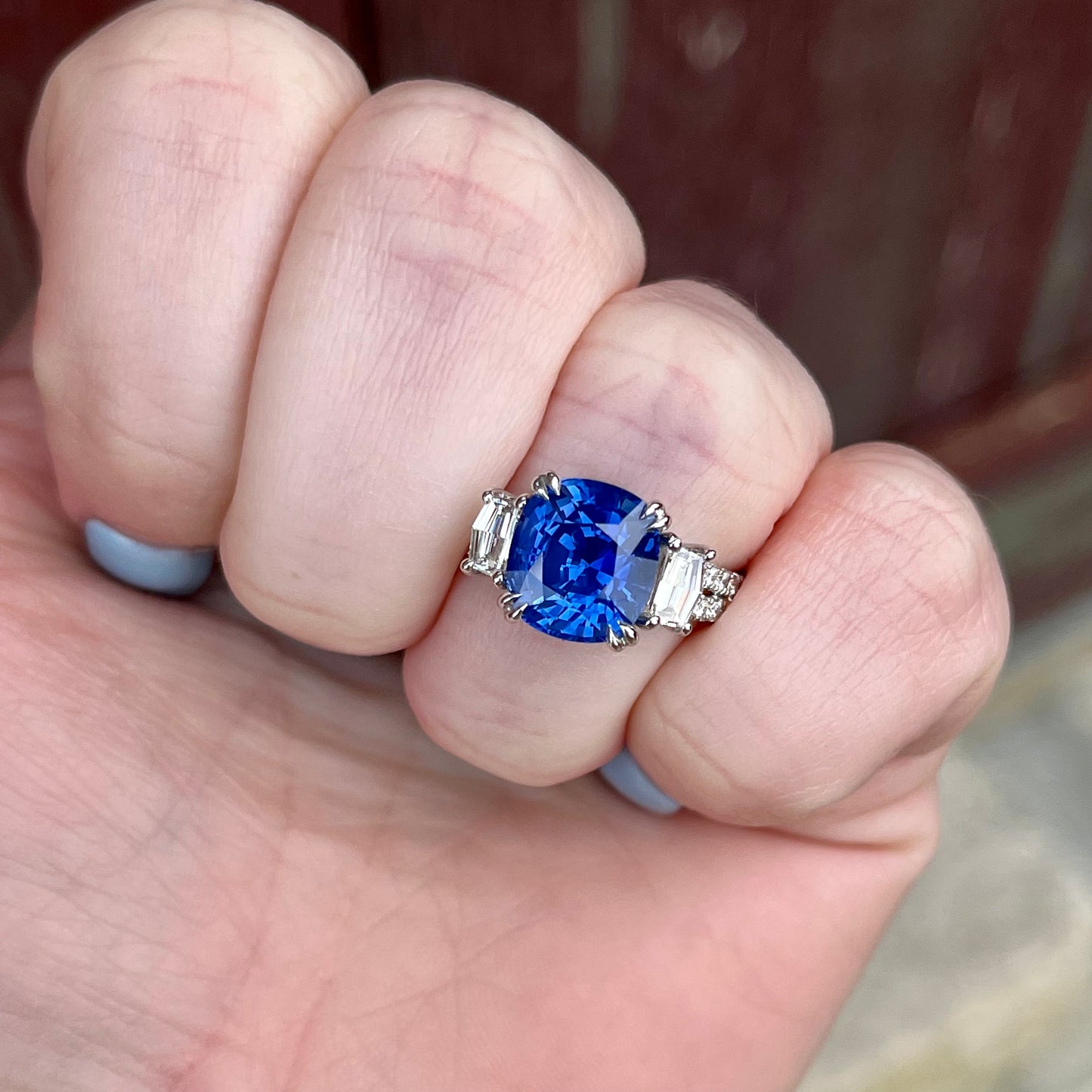 18K White gold Sapphire and Diamond Double Shank Three Stone Ring.