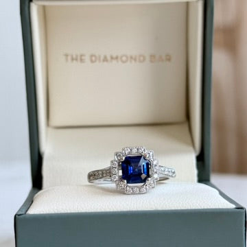 18K White Gold Sapphire and Diamond Halo Vintage Inspired Ring
