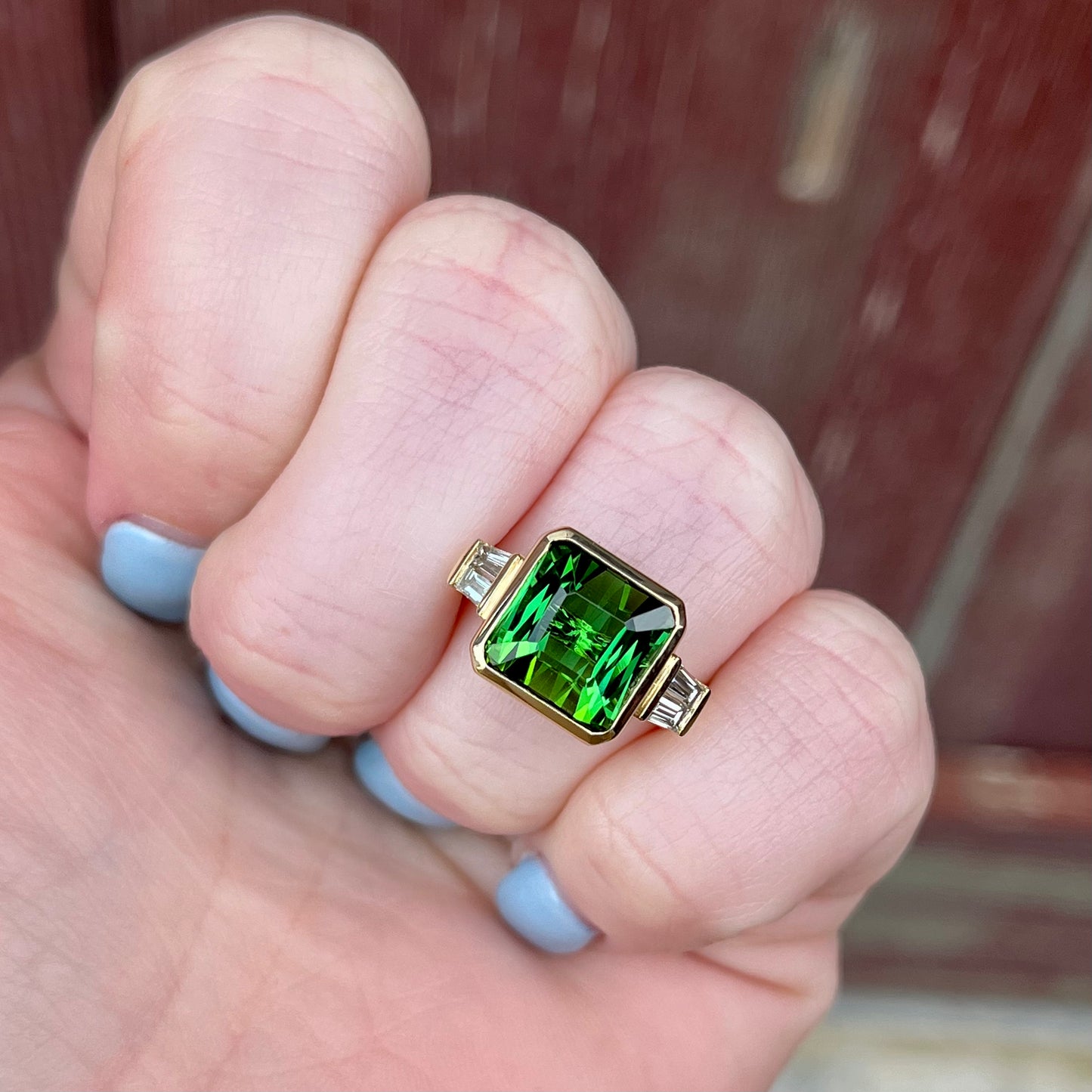 14K Yellow Gold Green Tourmaline and Diamond Three Stone Ring