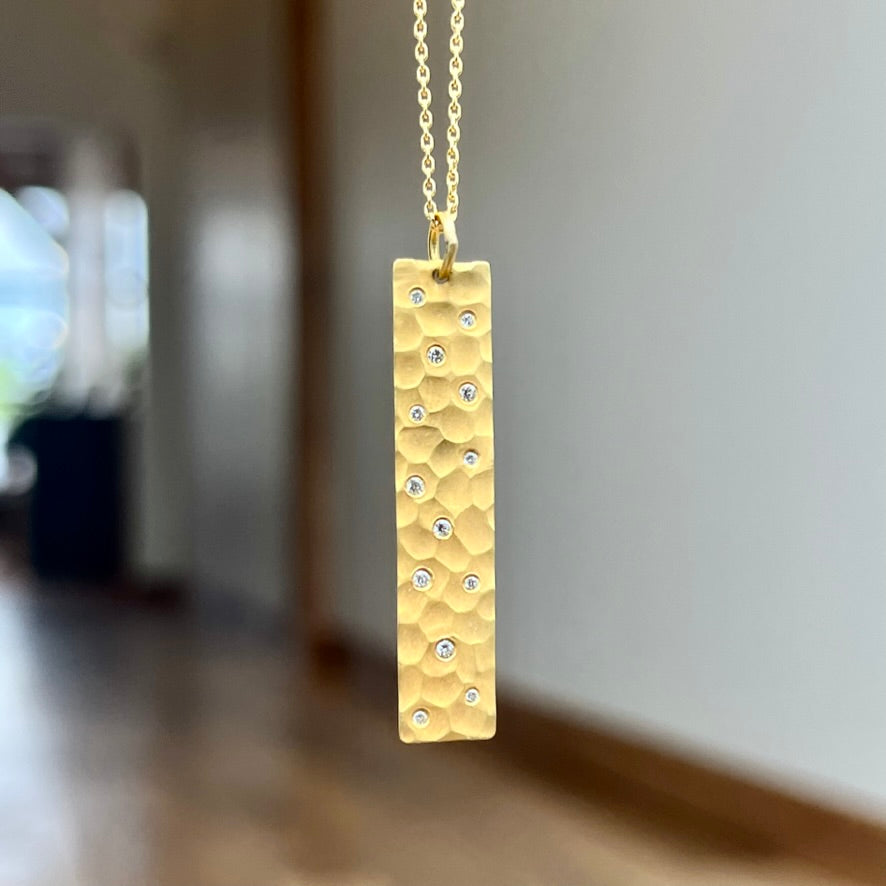14K Yellow Gold Hammered Beveled Diamond Necklace