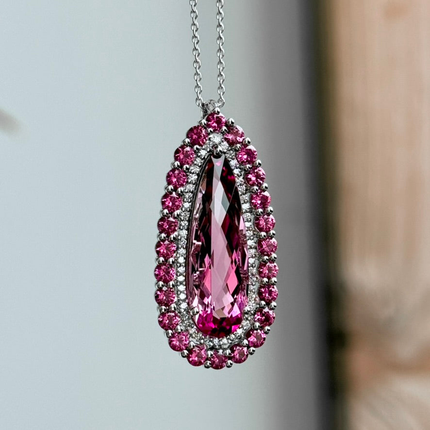 14K White Gold Pink Tourmaline, Pink Spinel, and Diamond Double Halo Necklace