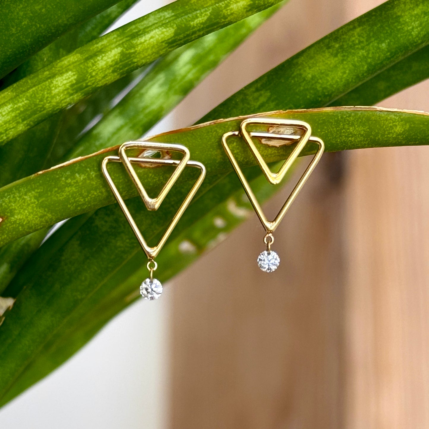 14K Yellow Gold Double Triangle Floating Diamond Earrings