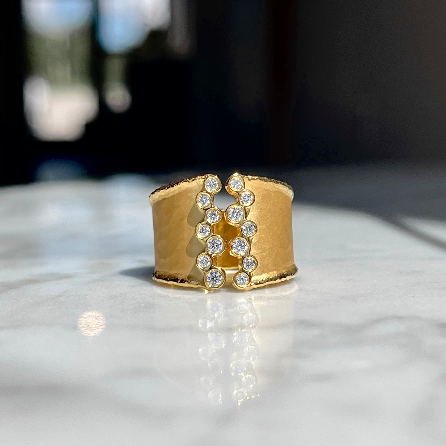 14K Yellow Gold Matte Hammered Cuff Ring