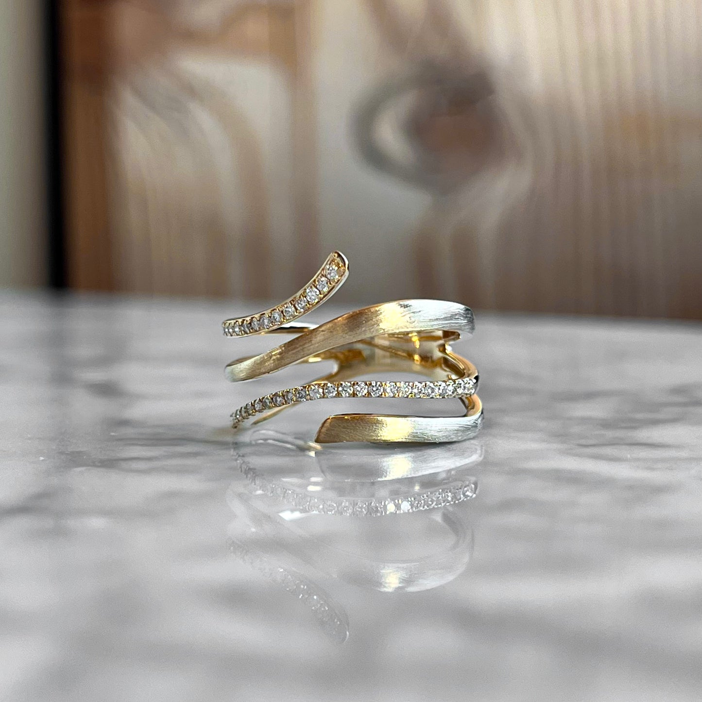 14K Yellow Gold Brushed Wavy Stack Ring