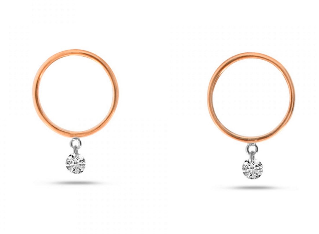 14K Gold Mini Floating Diamond Front Round Hoop Earrings