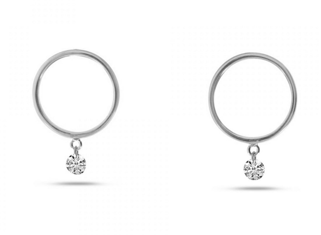 14K Gold Mini Floating Diamond Front Round Hoop Earrings