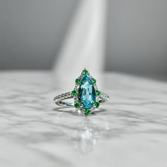 14K White Gold Aquamarine, Diamond & Tsavorite Garnet Ring