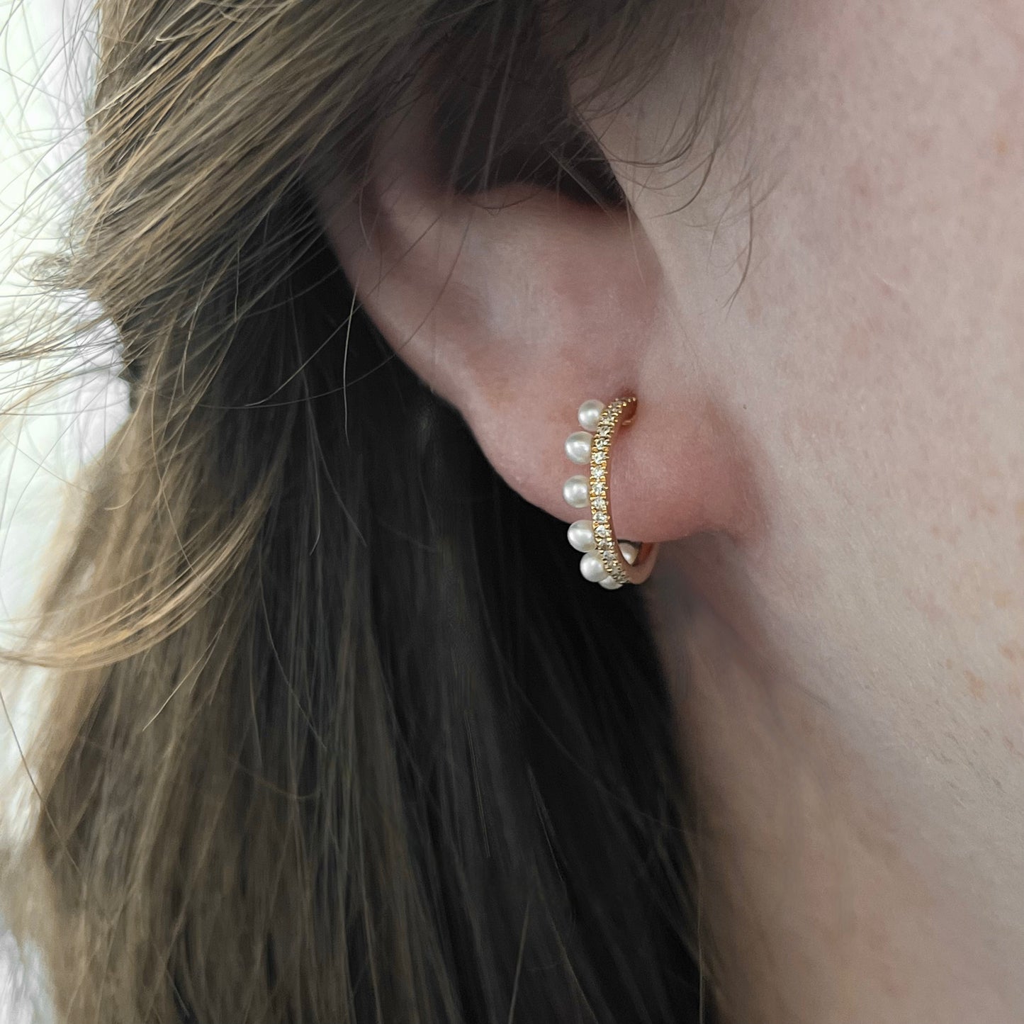 14K Yellow Gold Asymmetrical Diamond and Pearl Huggie Hoop Earrings
