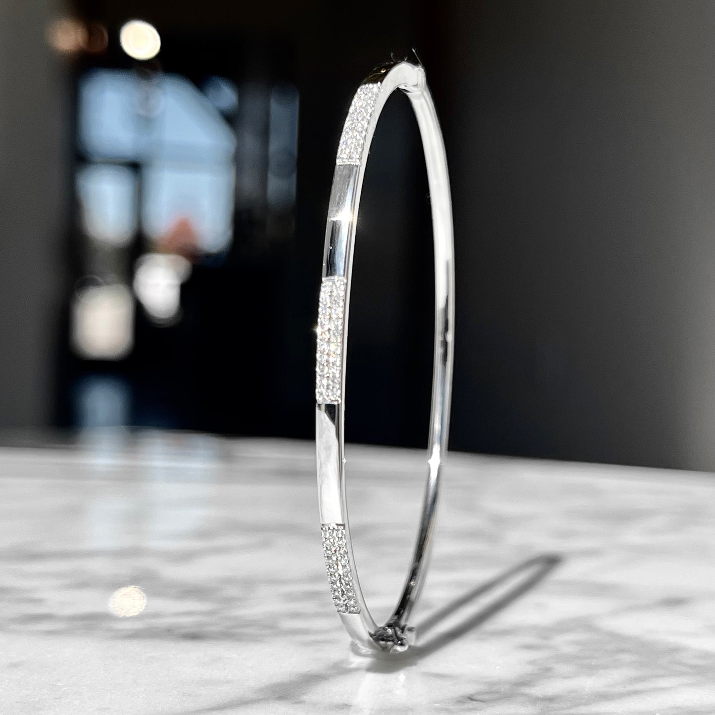 14K White Gold Diamond Pave Block Bangle