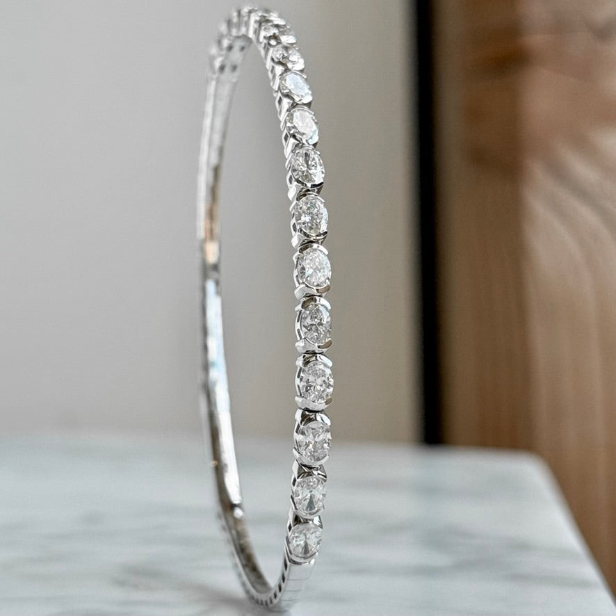 14K White Gold Oval Diamond Flexible Bangle Bracelet