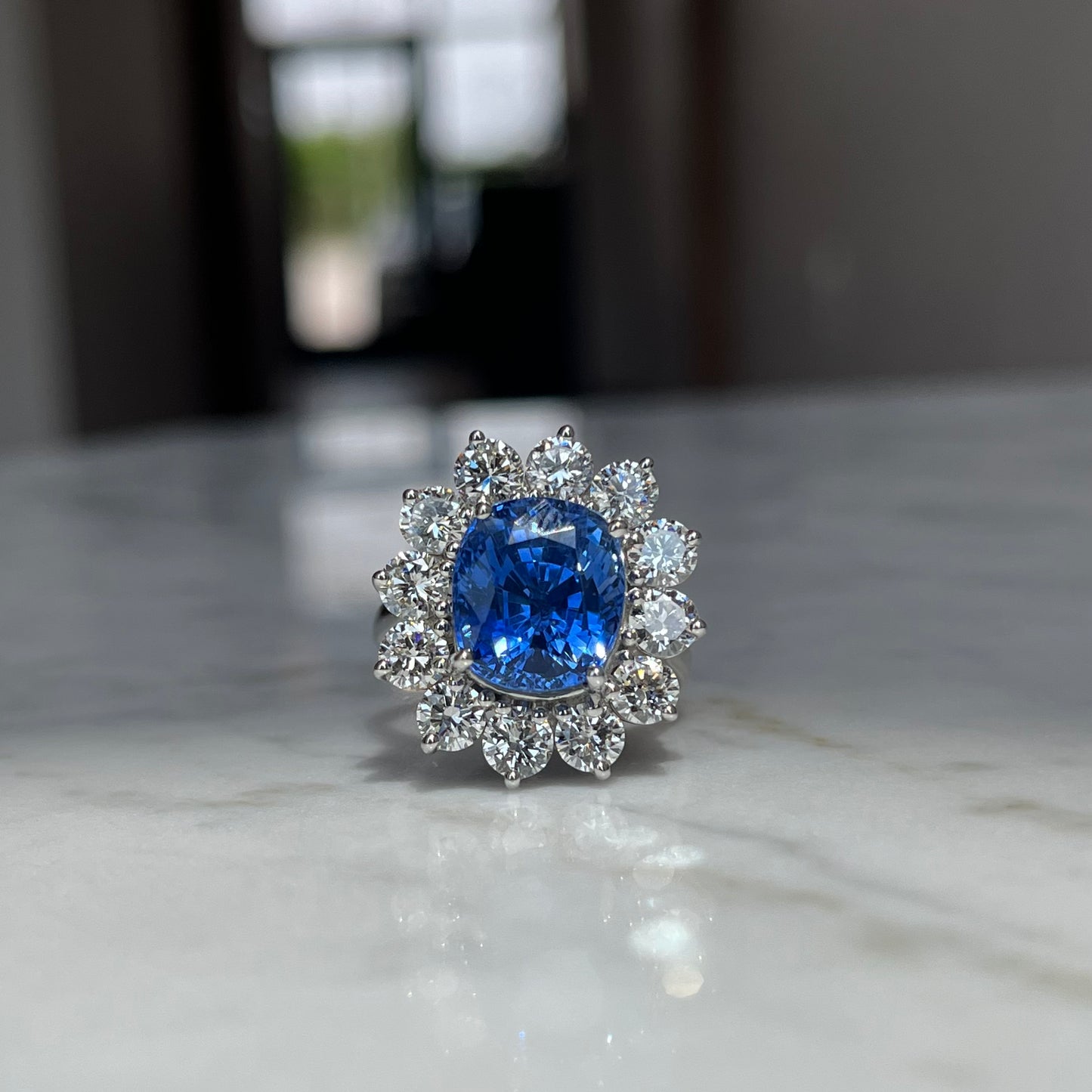 Platinum Sri Lanka Sapphire and Diamond Halo Ring 10.87CTW