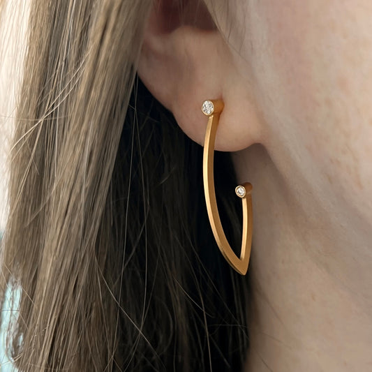 14K Yellow Gold Matte Bezel Diamond "J" Hoop Earrings