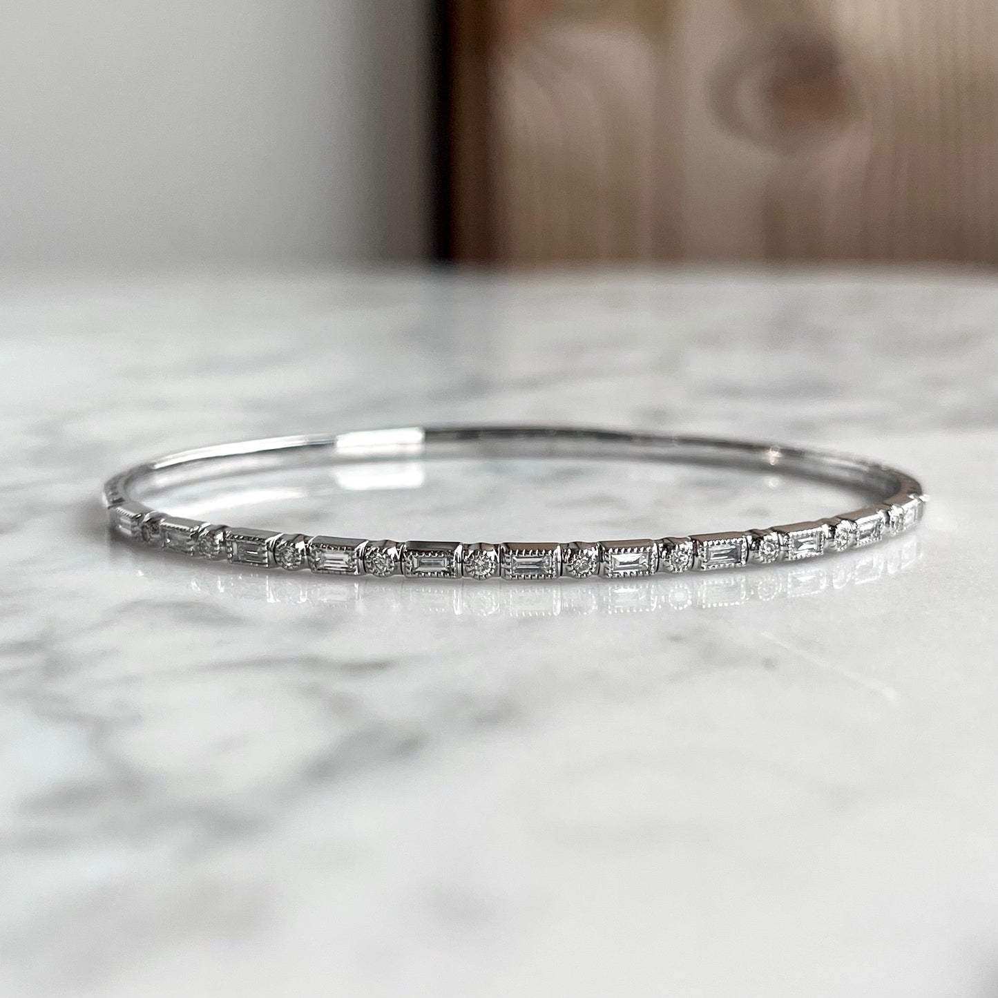 14K White Gold Baguette Diamond Flexible Bangle Bracelet