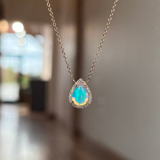 14K Rose Gold Pear Shape Opal and Diamond Halo Necklace