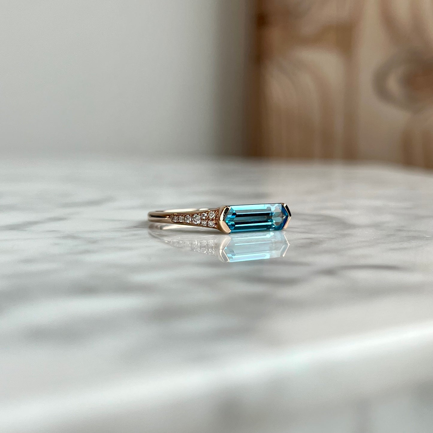 14K East West Hexagon Blue Topaz and Diamond Ring