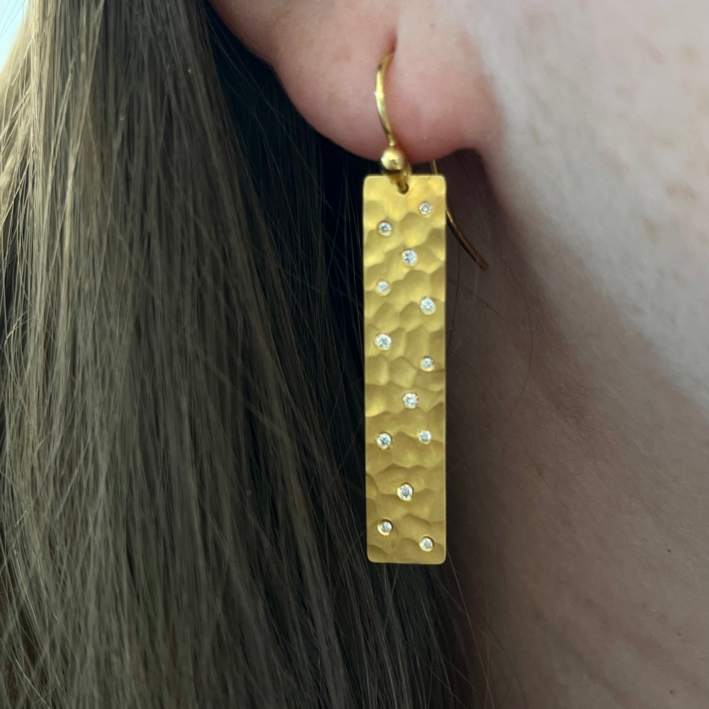 14K Yellow Gold Gypsy Set Hammered Diamond Earrings