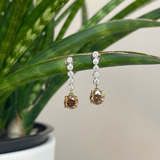 18K White and Yellow Natural Chocolate and White Diamond Dangle Earrings