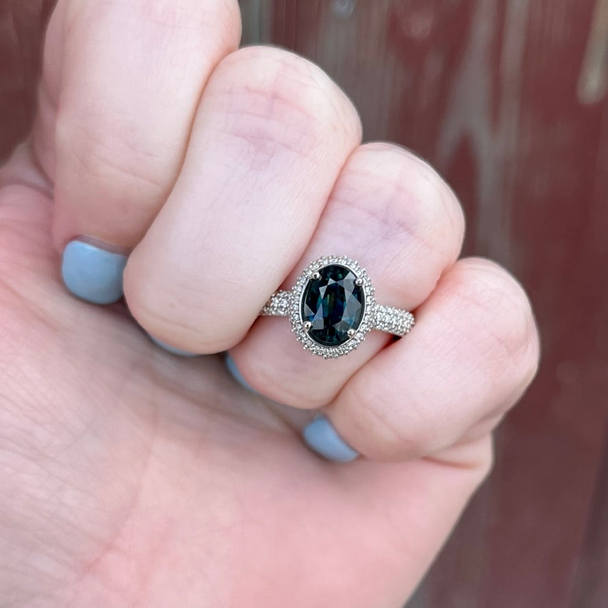 14K White Gold Pavé Diamond Halo and Teal Sapphire Ring 2.30CTW