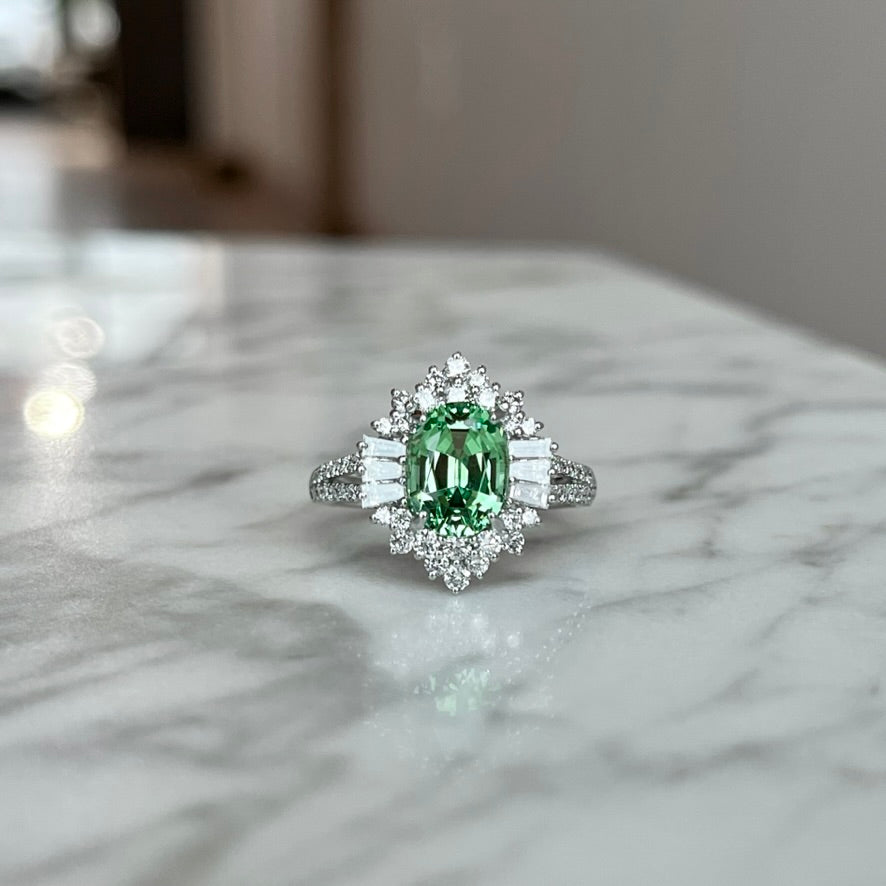 18K White Gold Mint Tsavorite Garnet and Diamond Halo Ring 3.14CTW