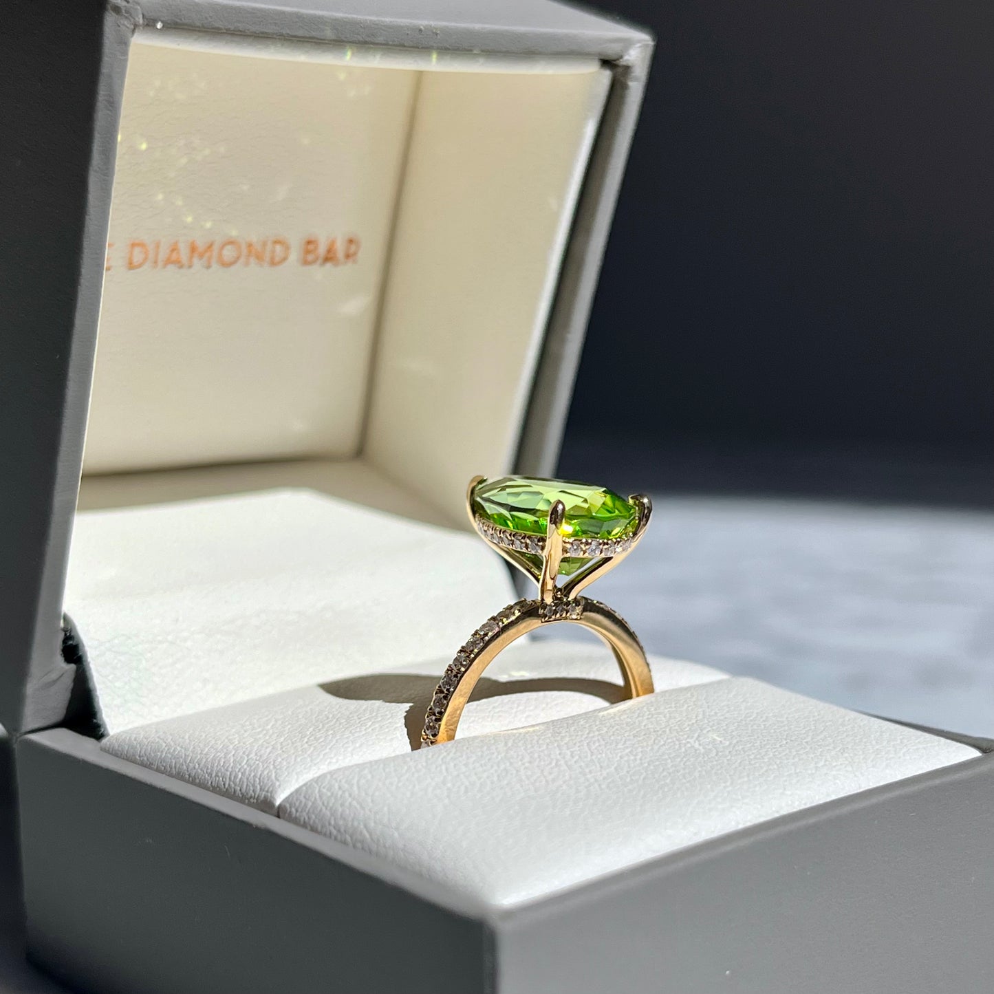 18K Yellow Gold Peridot Hidden Halo Diamond Accented Ring 5.07CTW