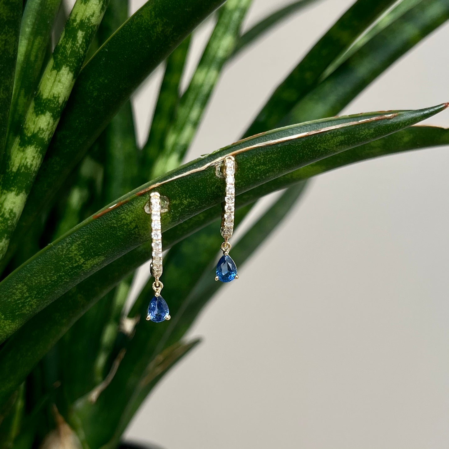 14K Yellow Gold Diamond and Sapphire Huggie Hoop Earrings