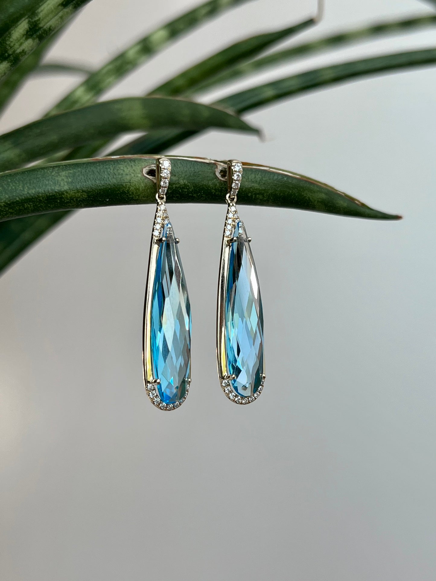 14K Yellow Gold Blue Topaz and Diamond Earrings