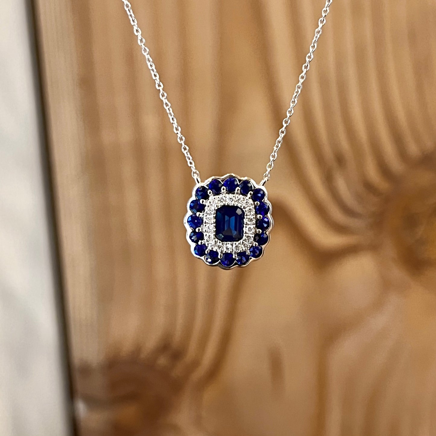 14K White Gold Sapphire and Diamond Halo Necklace 1.09CTW