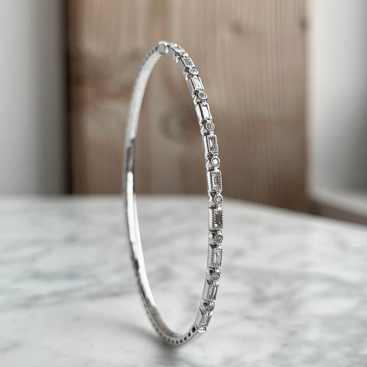 14K White Gold Baguette Diamond Flexible Bangle Bracelet