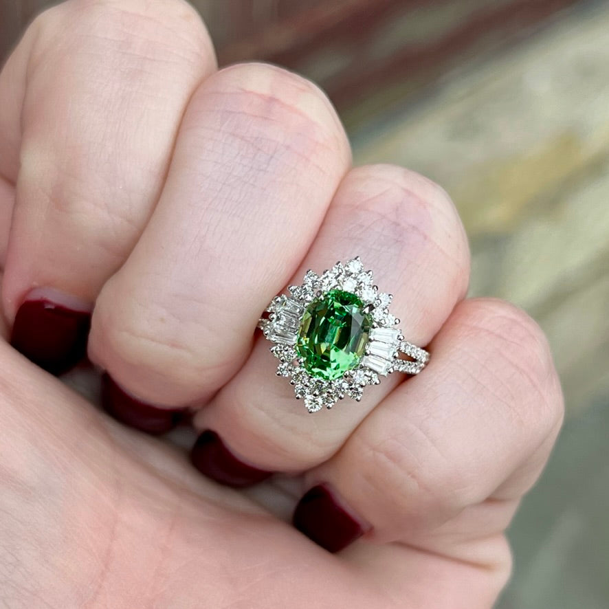 18K White Gold Mint Tsavorite Garnet and Diamond Halo Ring 3.14CTW