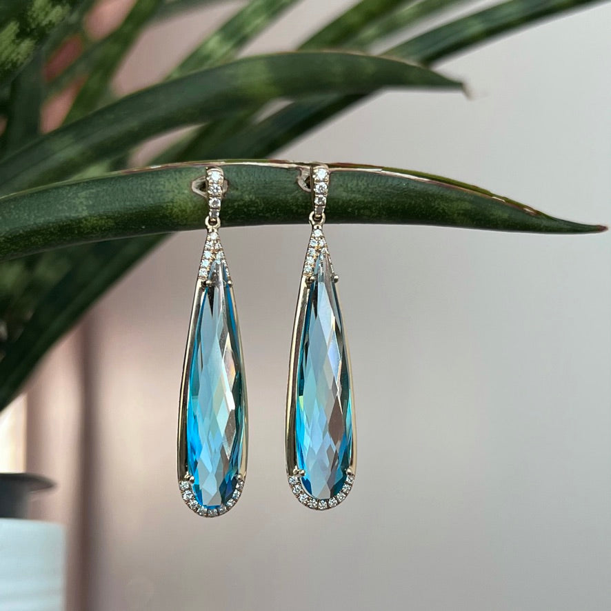 14K Yellow Gold Blue Topaz and Diamond Earrings