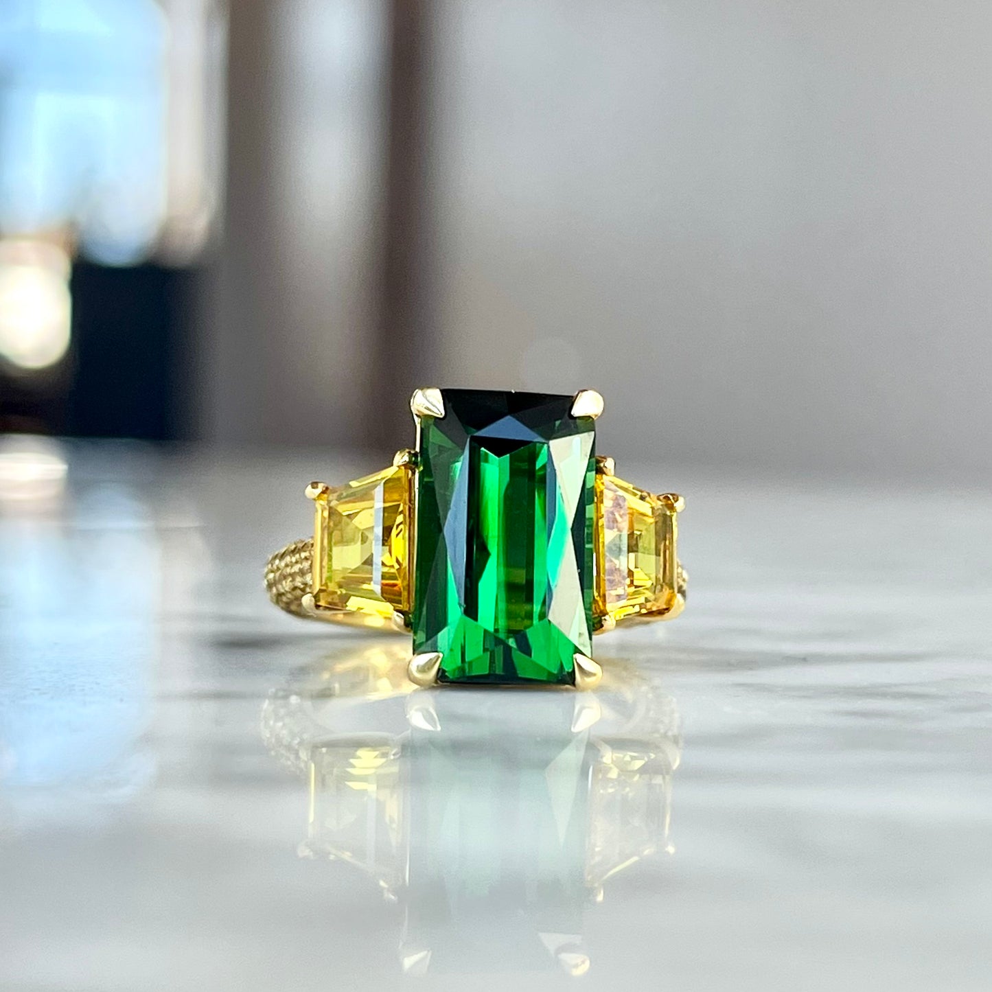 18K Yellow Gold Tourmaline and Yellow Sapphire Ring