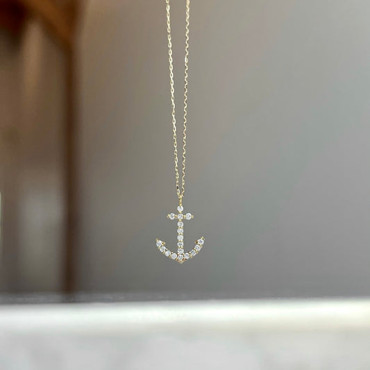 18K White Gold Diamond Anchor Necklace