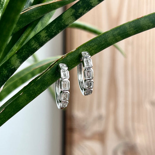 18K White Gold Emerald Cut Hoop Earring