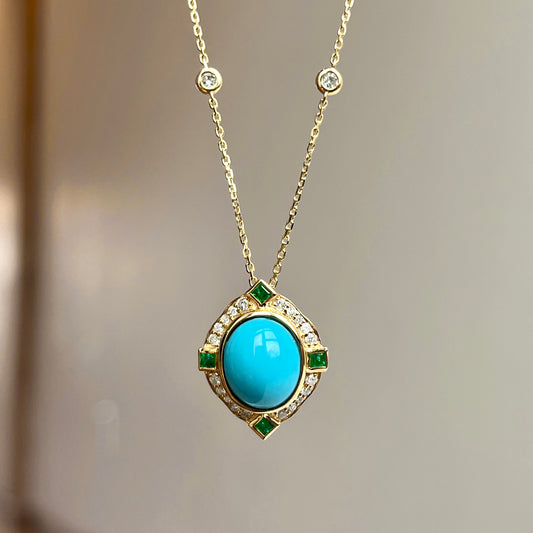 14K Yellow Gold Tuquoise, Diamond and Emerald Necklace