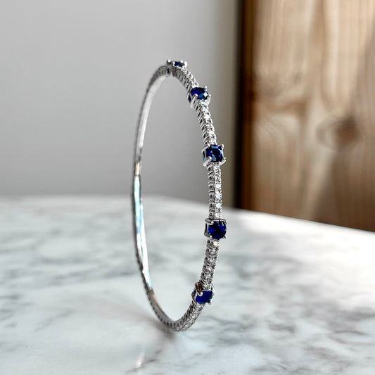 14K White Gold Sapphire and Diamond Flexible Bangle Bracelet