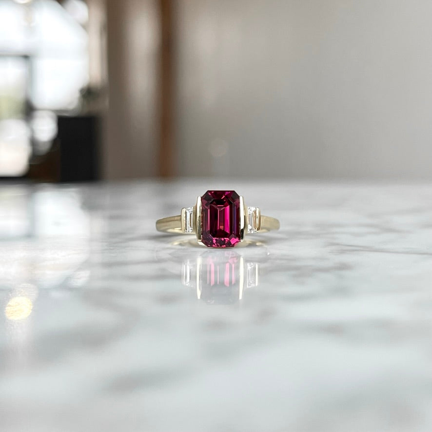 14K Yellow Gold Matte Rhodolite Garnet and Diamond Three Stone Bar Ring 2.84CT