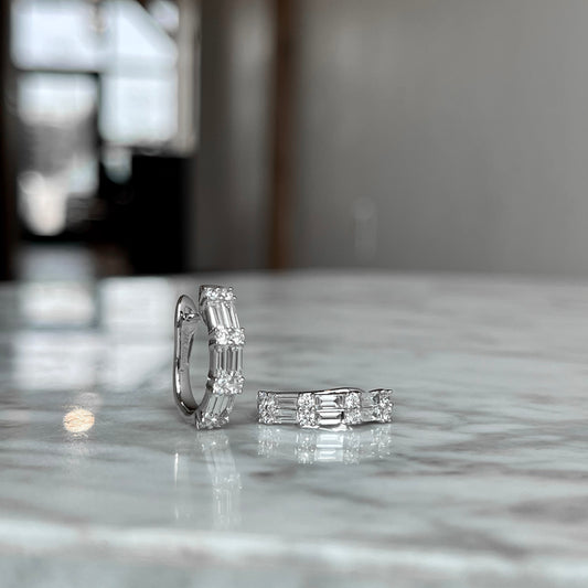 18K White Gold Baguette and Round Double Row "Huggie" Hoop Earrings