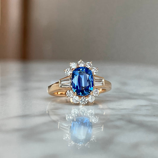 18K Rose Gold No Heat Natural Burma Blue Sapphire and Diamond Ring